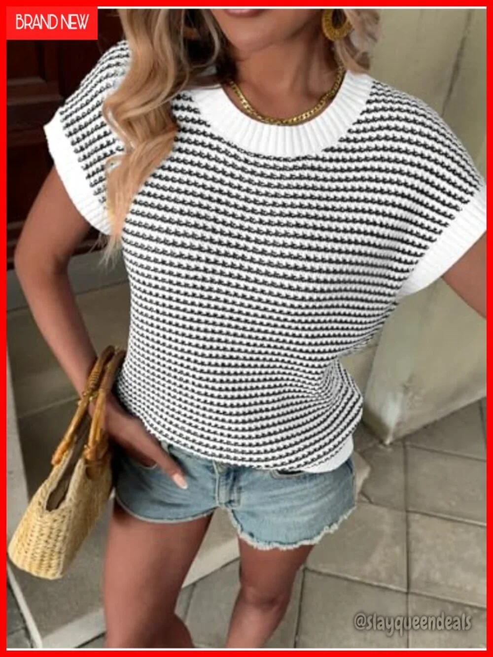Cotton Cap Sleeve Striped Knit Pullover Sweater Top